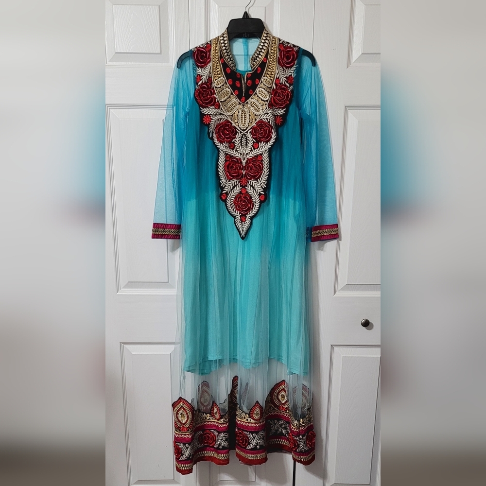 Traditional Indian Wedding Gown, Beautiful Teal Sheer overlay, Velvet Flower
